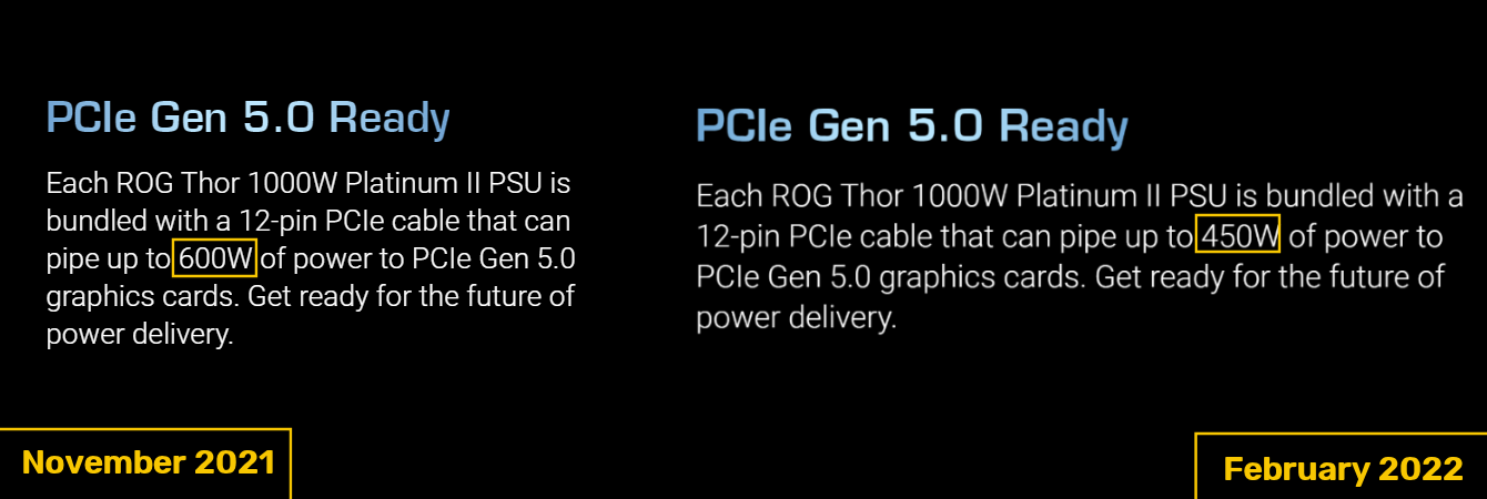 更改华硕PCIe  5.0电源12PIN的描述，最大功率降低到450W  W