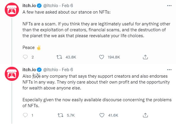 独立游戏网站itch.io官推：NFT就是一场骗局