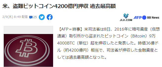 美国司法局公布查扣被盗比特币金额 市值36亿美元历史最高