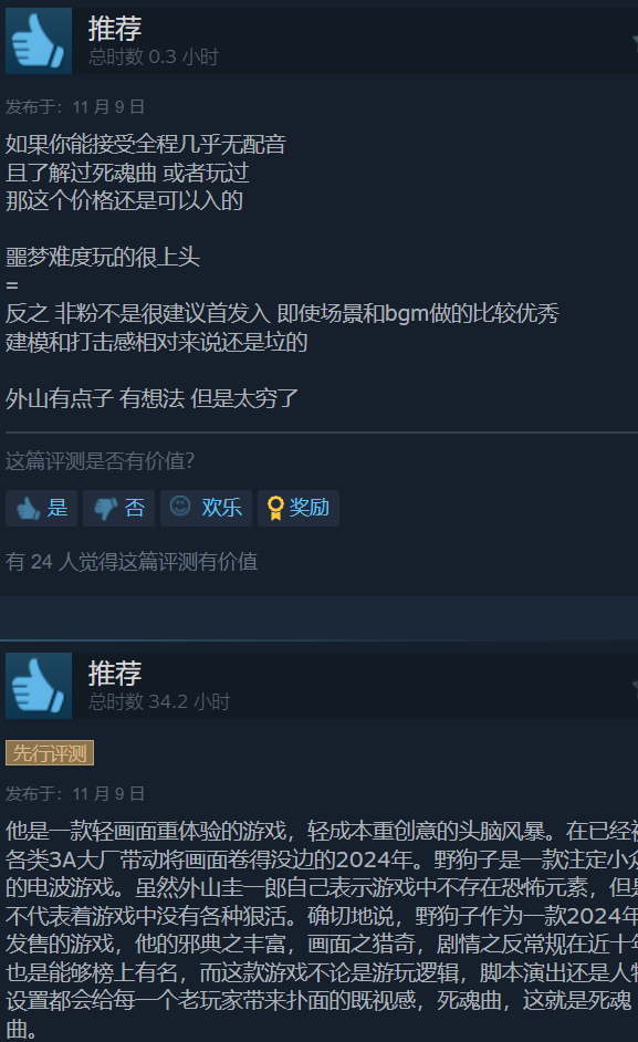 《野狗子》Steam有特别评论。气氛很好，比赛感觉也很好。
